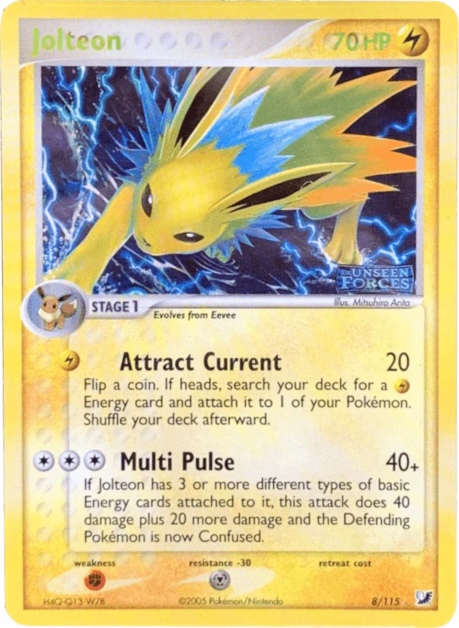 EX: Unseen Forces, Fighting[×2], Holo Rare, Lightning, Metal[-30], Reverse Holofoil Jolteon (8/115) (Stamped) [EX: Unseen Forces] - Trading Card World