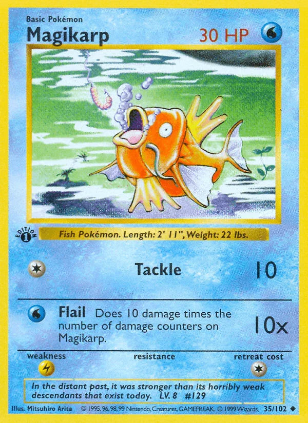 1st Edition Normal, 35, Base Set 1st Edition, Lightning[×2], Uncommon, Water Magikarp (35/102) (Shadowless) [Base Set 1st Edition] - Trading Card World
