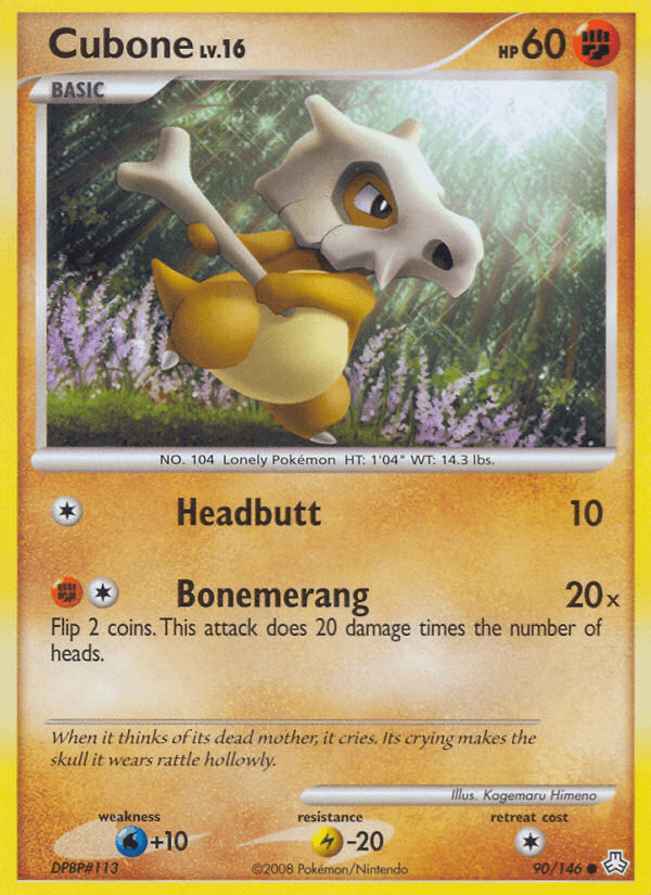 90, Common, Diamond & Pearl: Legends Awakened, Fighting, Lightning[-20], Normal, Reverse Holofoil, Water[+10] Cubone (90/146) [Diamond & Pearl: Legends Awakened] - Trading Card World