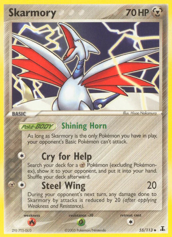 55, EX: Delta Species, Fire[×2], Grass[-30], Metal, Normal, Uncommon Skarmory (55/113) [EX: Delta Species] - Trading Card World