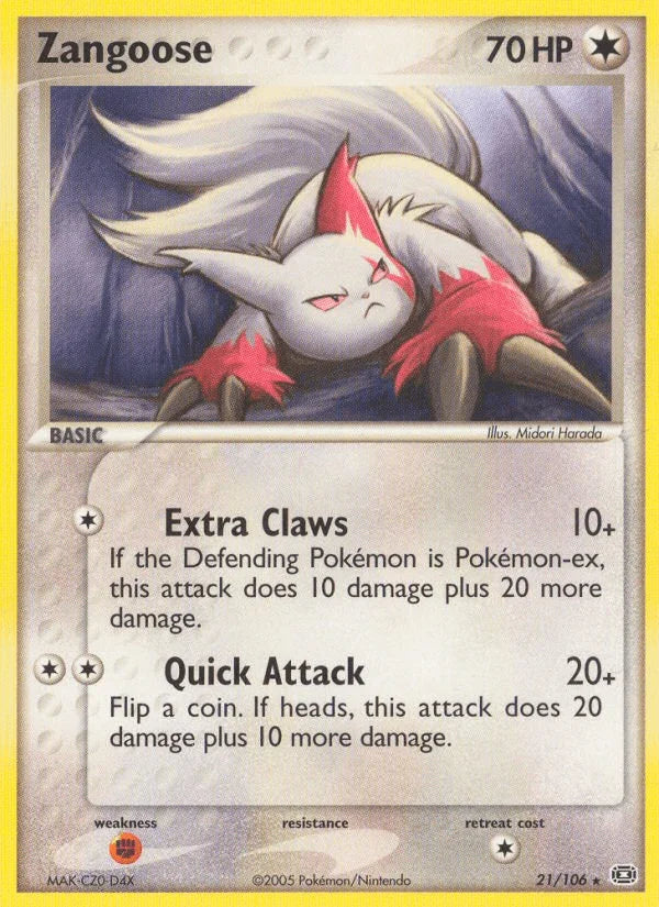 21, Colorless, EX: Emerald, Fighting[×2], Normal, Rare Zangoose (21/106) [EX: Emerald] - Trading Card World