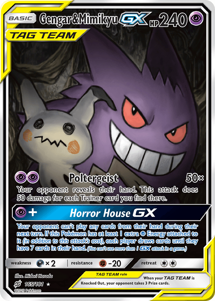 165, Darkness[×2], Fighting[-20], Holofoil, Psychic, Sun & Moon: Team Up, Ultra Rare Gengar & Mimikyu GX (165/181) [Sun & Moon: Team Up] - Trading Card World