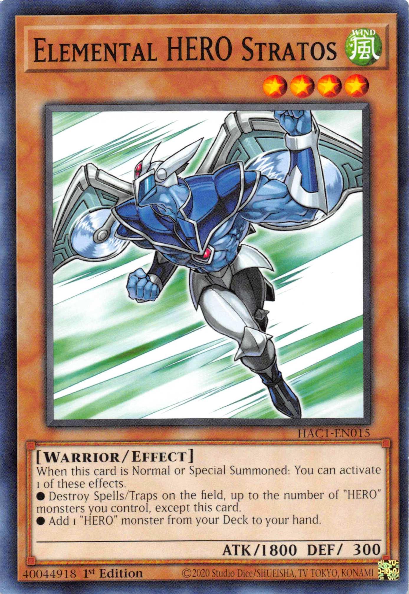 1st Edition, Common, Effect Monster, Hidden Arsenal: Chapter 1, Warrior, Wind Elemental HERO Stratos [HAC1-EN015] Common - Trading Card World