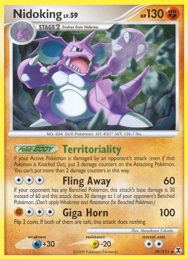 29, Fighting, Lightning[-20], Normal, Platinum: Rising Rivals, Rare, Reverse Holofoil, Water[+30] Nidoking (29/111) [Platinum: Rising Rivals] - Trading Card World