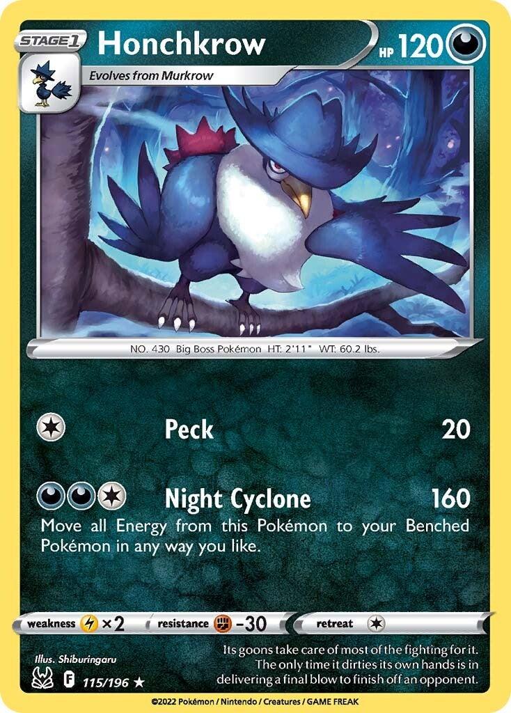 115, Darkness, Fighting [-30], Lightning [x2], Normal, Rare, Reverse Holofoil, Sword & Shield: Lost Origin Honchkrow (115/196) [Sword & Shield: Lost Origin] - Trading Card World