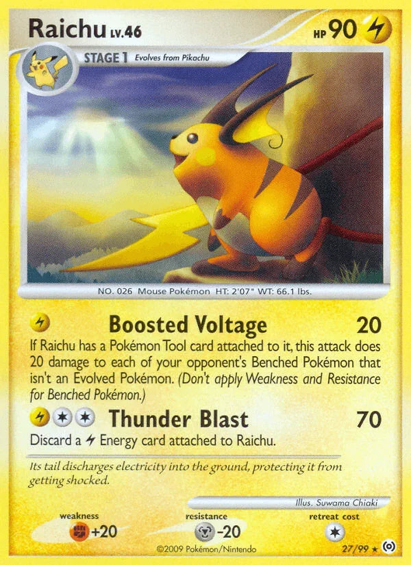 27, Fighting[+20], Lightning, Metal[-20], Normal, Platinum: Arceus, Rare, Reverse Holofoil Raichu (27/99) [Platinum: Arceus] - Trading Card World