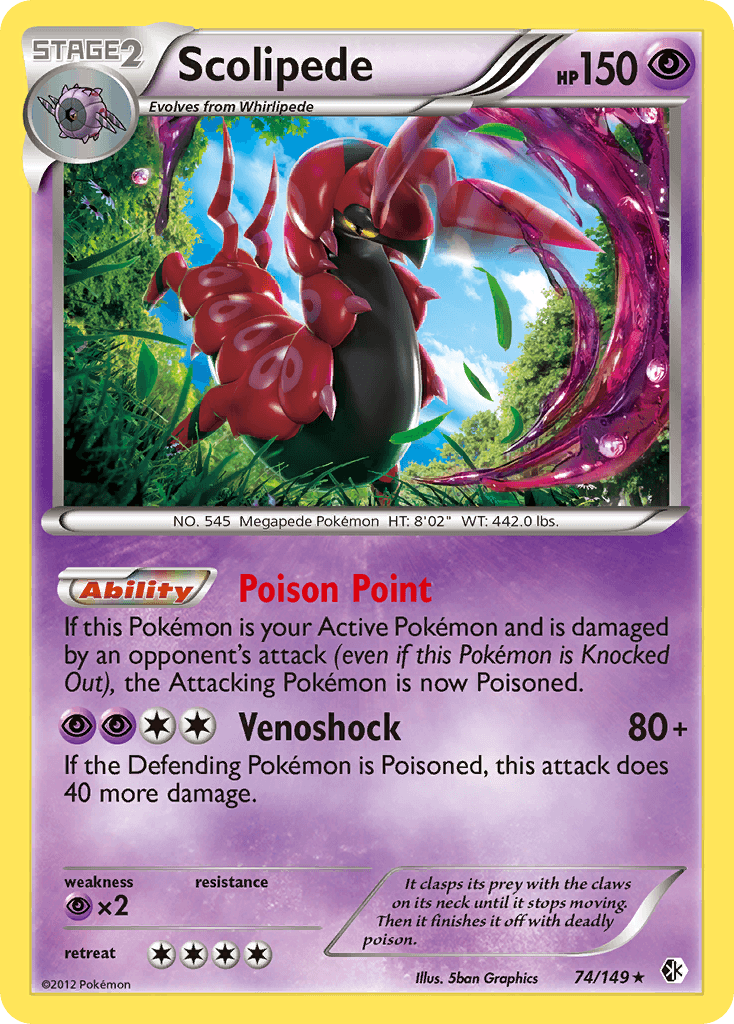 74, Black & White: Boundaries Crossed, Holo Rare, Holofoil, Psychic, Psychic[×2], Reverse Holofoil Scolipede (74/149) [Black & White: Boundaries Crossed] - Trading Card World