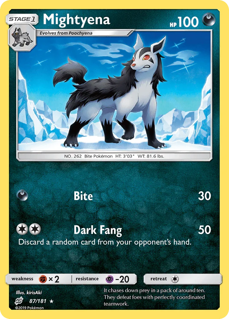 87, Darkness, Fighting[×2], Normal, Psychic[-20], Rare, Reverse Holofoil, Sun & Moon: Team Up Mightyena (87/181) [Sun & Moon: Team Up] - Trading Card World