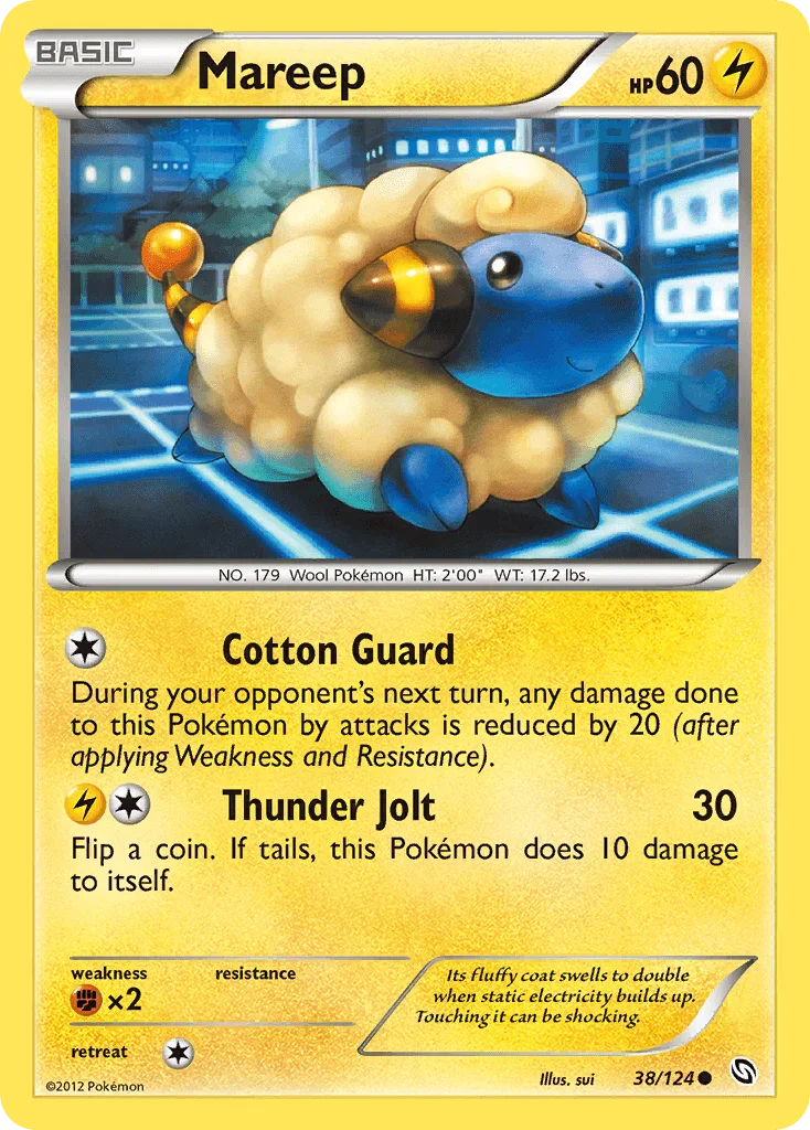 38, Black & White: Dragons Exalted, Common, Fighting[×2], Lightning, Normal, Reverse Holofoil Mareep (38/124) [Black & White: Dragons Exalted] - Trading Card World