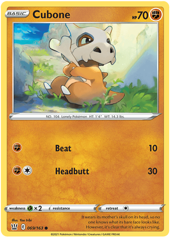 069, Common, Fighting, Grass[x2], Normal, Reverse Holofoil, Sword & Shield: Battle Styles Cubone (069/163) [Sword & Shield: Battle Styles] - Trading Card World