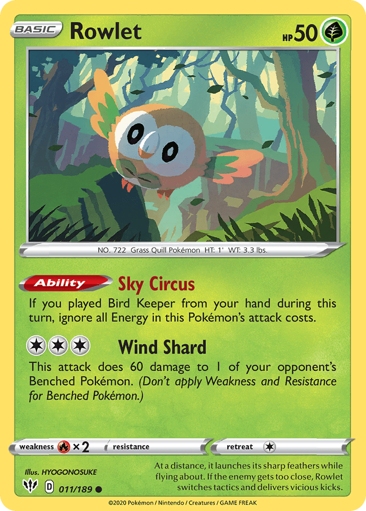011, Common, Fire[×2], Grass, Normal, Reverse Holofoil, Sword & Shield: Darkness Ablaze Rowlet (011/189) [Sword & Shield: Darkness Ablaze] - Trading Card World