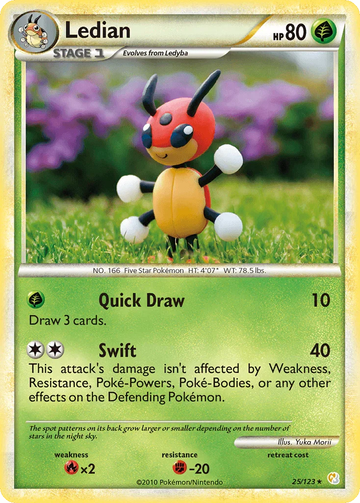 25, Fighting[-20], Fire[×2], Grass, HeartGold & SoulSilver: Base Set, Normal, Rare, Reverse Holofoil Ledian (25/123) [HeartGold & SoulSilver: Base Set] - Trading Card World