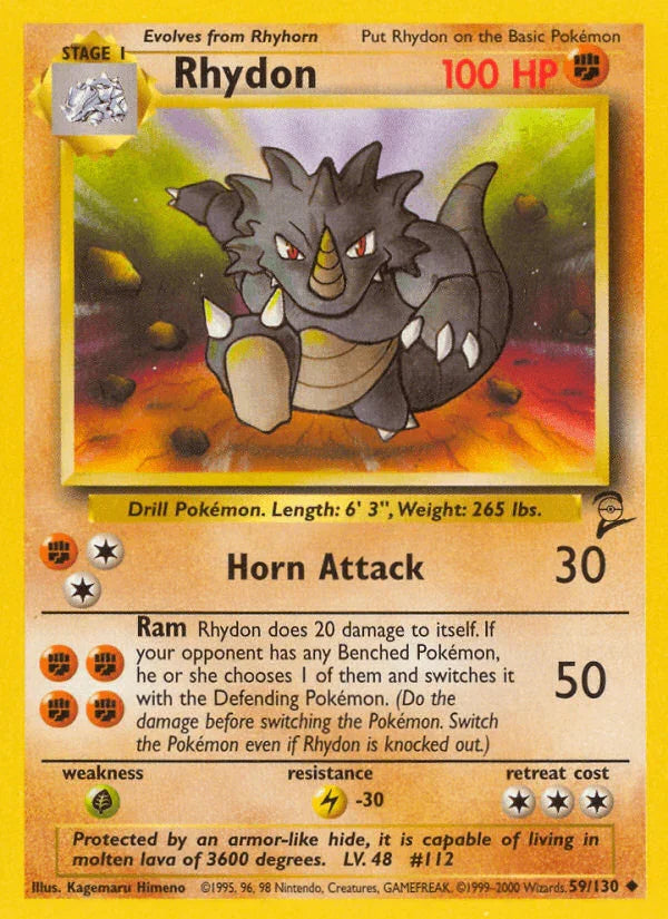 59, Base Set 2, Fighting, Grass[×2], Lightning[-30], Normal, Uncommon Rhydon (59/130) [Base Set 2] - Trading Card World
