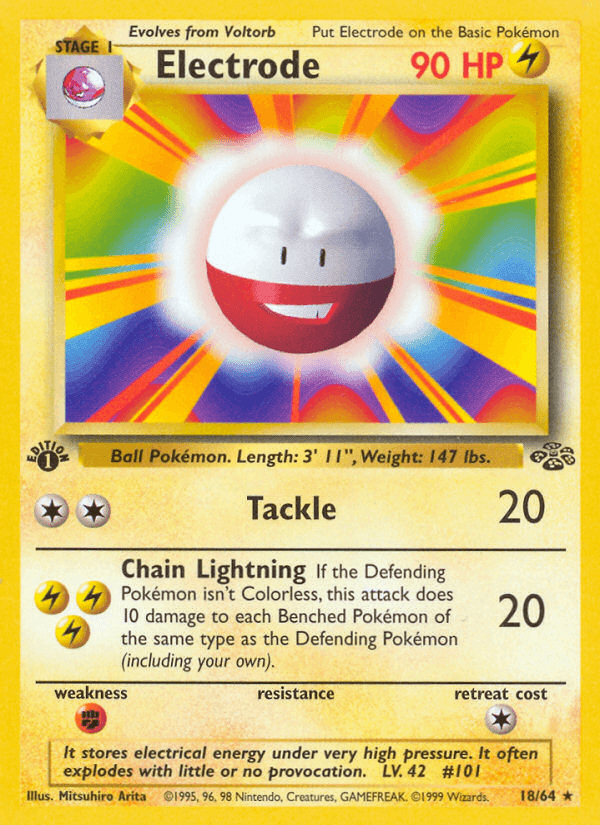 18, 1st Edition Normal, Fighting[×2], Jungle 1st Edition, Lightning, Rare Electrode (18/64) [Jungle 1st Edition] - Trading Card World