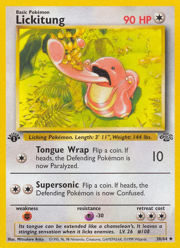 1st Edition Normal, 38, Colorless, Fighting[×2], Jungle 1st Edition, Psychic[-30], Uncommon Lickitung (38/64) [Jungle 1st Edition] - Trading Card World
