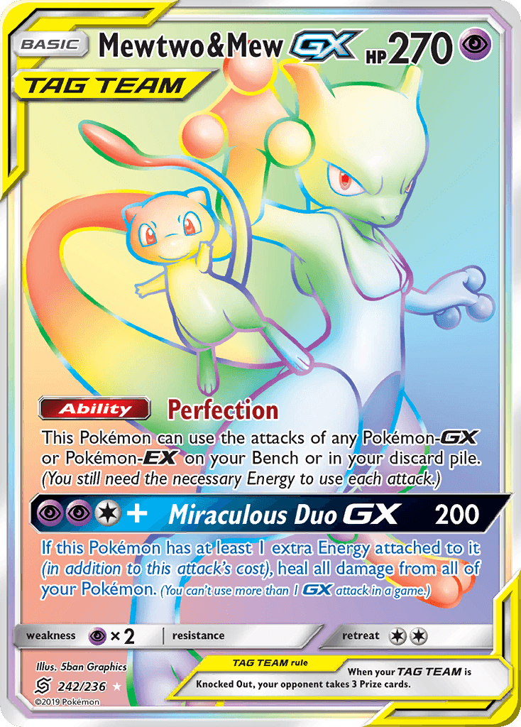 242, Holofoil, Psychic, Psychic[×2], Secret Rare, Sun & Moon: Unified Minds Mewtwo & Mew GX (242/236) [Sun & Moon: Unified Minds] - Trading Card World