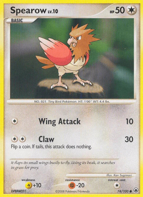 74, Colorless, Common, Diamond & Pearl: Majestic Dawn, Fighting[-20], Lightning[+10], Normal, Reverse Holofoil Spearow (74/100) [Diamond & Pearl: Majestic Dawn] - Trading Card World