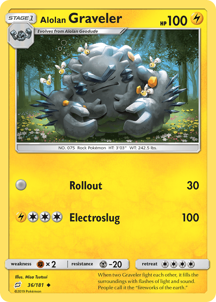 36, Fighting[×2], Lightning, Metal[-20], Normal, Reverse Holofoil, Sun & Moon: Team Up, Uncommon Alolan Graveler (36/181) [Sun & Moon: Team Up] - Trading Card World