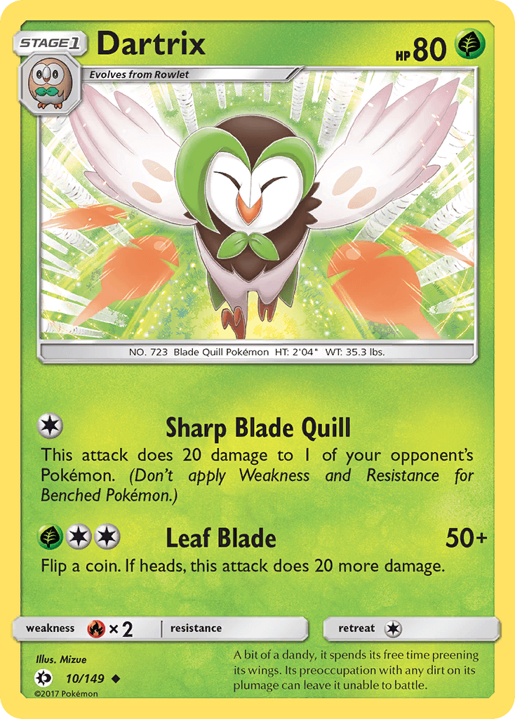 10, Fire[×2], Grass, Normal, Reverse Holofoil, Sun & Moon: Base Set, Uncommon Dartrix (10/149) [Sun & Moon: Base Set] - Trading Card World