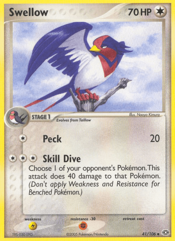 41, Colorless, EX: Emerald, Fighting[-30], Lightning[×2], Normal, Uncommon Swellow (41/106) [EX: Emerald] - Trading Card World