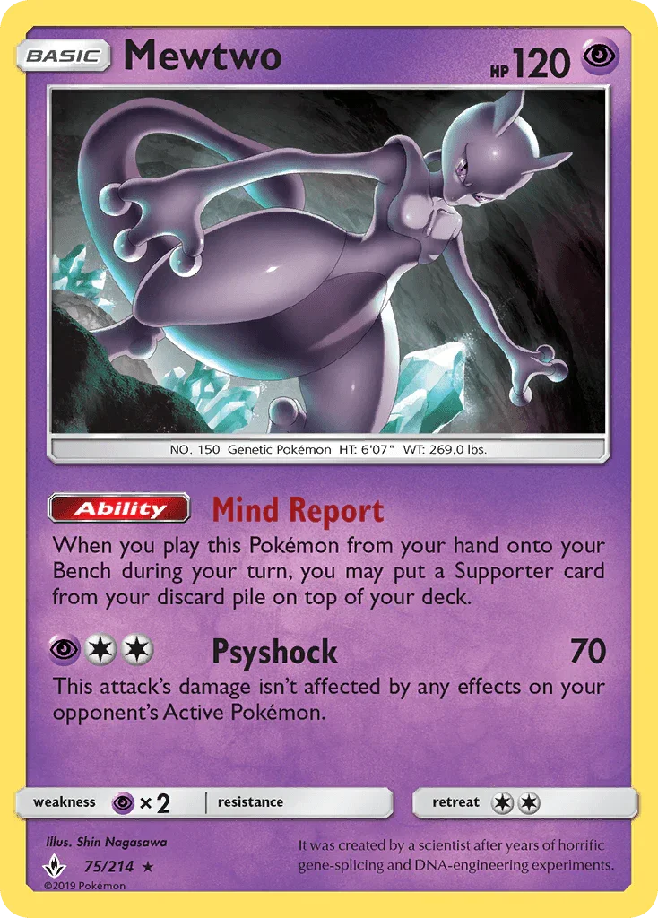 75, Normal, Psychic, Psychic[×2], Rare, Reverse Holofoil, Sun & Moon: Unbroken Bonds Mewtwo (75/214) [Sun & Moon: Unbroken Bonds] - Trading Card World