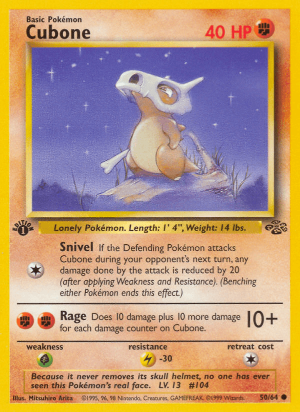 1st Edition Normal, 50, Common, Fighting, Grass[×2], Jungle 1st Edition, Lightning[-30] Cubone (50/64) [Jungle 1st Edition] - Trading Card World