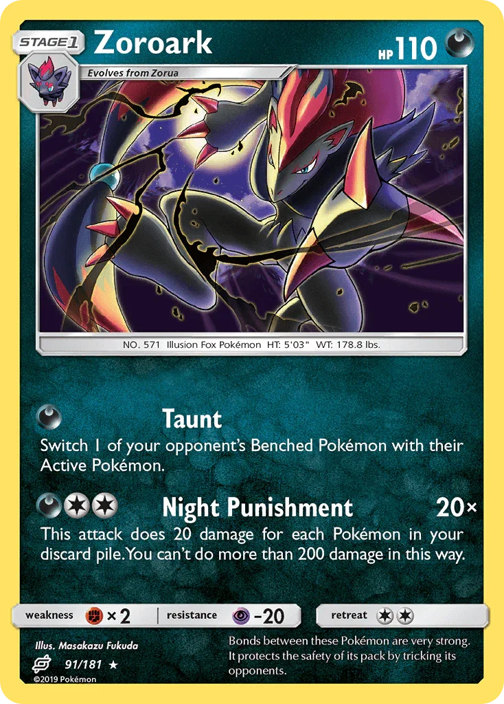 91, Darkness, Fighting[×2], Holo Rare, Holofoil, Psychic[-20], Reverse Holofoil, Sun & Moon: Team Up Zoroark (91/181) [Sun & Moon: Team Up] - Trading Card World