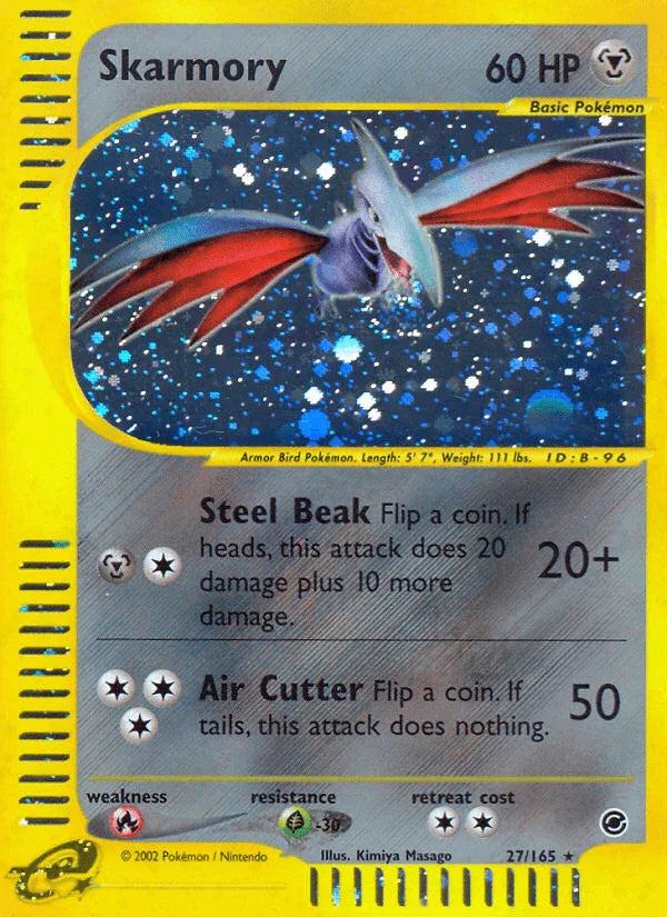 27, Expedition: Base Set, Fire[×2], Grass[-30], Holo Rare, Holofoil, Metal, Reverse Holofoil Skarmory (27/165) [Expedition: Base Set] - Trading Card World