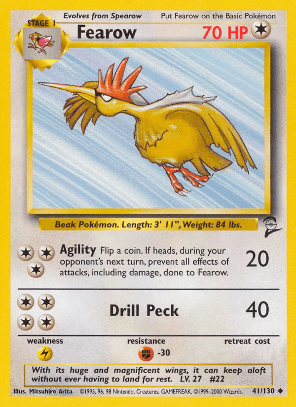 41, Base Set 2, Colorless, Fighting[-30], Lightning[×2], Normal, Uncommon Fearow (41/130) [Base Set 2] - Trading Card World