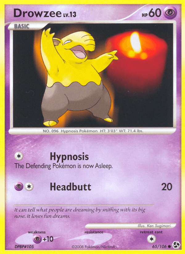 65, Common, Diamond & Pearl: Great Encounters, Normal, Psychic, Psychic[+10], Reverse Holofoil Drowzee (65/106) [Diamond & Pearl: Great Encounters] - Trading Card World