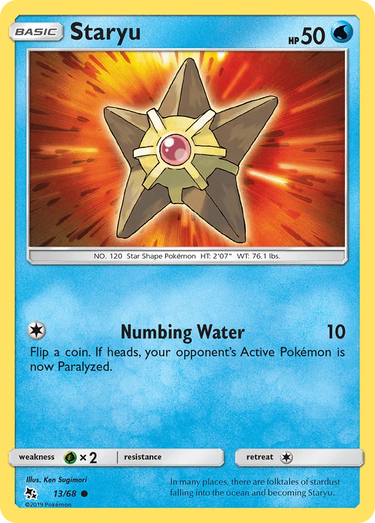 13, Common, Grass[×2], Normal, Reverse Holofoil, Sun & Moon: Hidden Fates, Water Staryu (13/68) [Sun & Moon: Hidden Fates] - Trading Card World