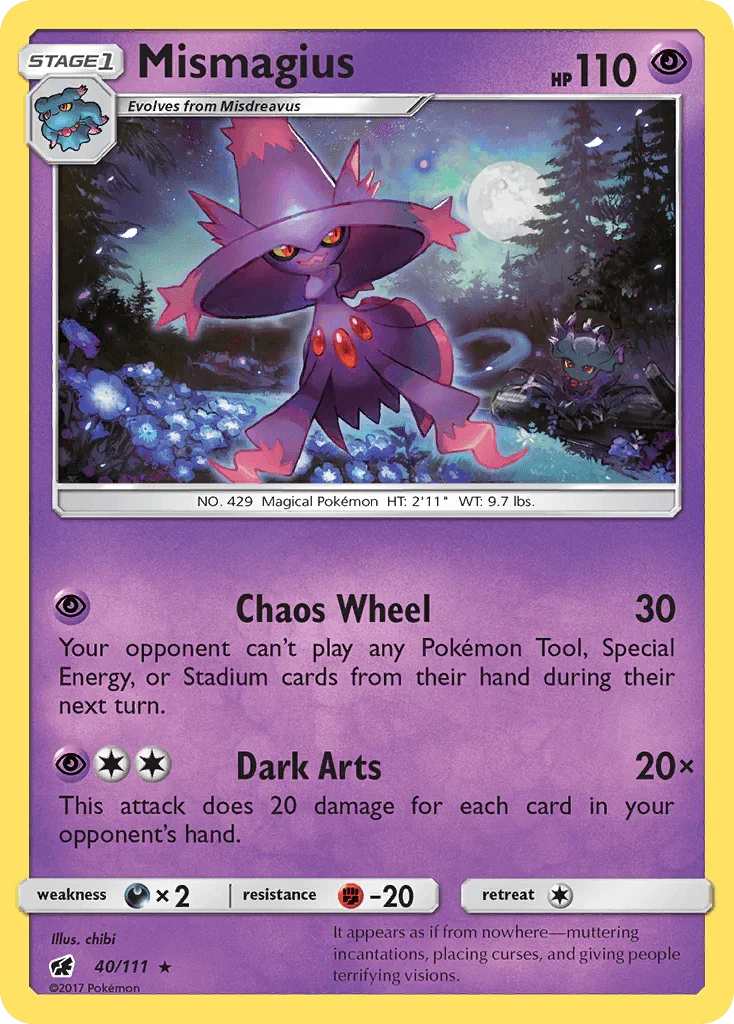 40, Darkness[×2], Fighting[-20], Normal, Psychic, Rare, Reverse Holofoil, Sun & Moon: Crimson Invasion Mismagius (40/111) [Sun & Moon: Crimson Invasion] - Trading Card World