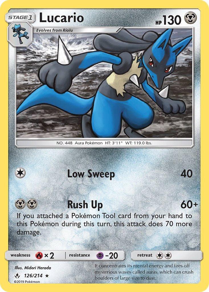 126, Fire[×2], Metal, Normal, Psychic[-20], Rare, Sun & Moon: Unbroken Bonds Lucario (126/214) (Theme Deck Exclusive) [Sun & Moon: Unbroken Bonds] - Trading Card World