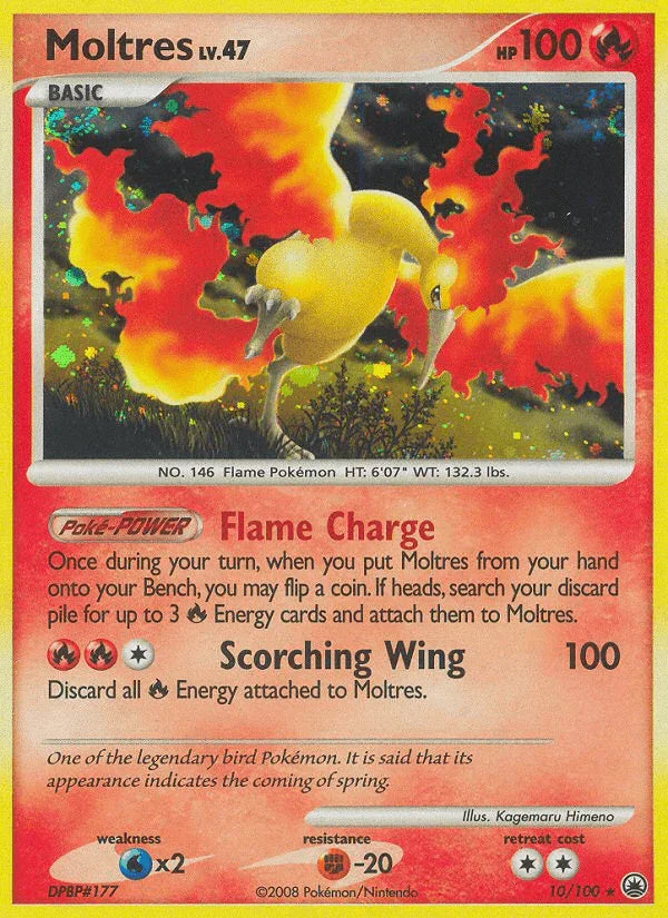 10, Diamond & Pearl: Majestic Dawn, Fighting[-20], Fire, Holo Rare, Holofoil, Reverse Holofoil, Water[×2] Moltres (10/100) [Diamond & Pearl: Majestic Dawn] - Trading Card World