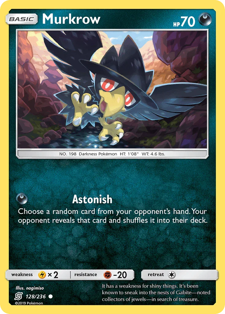 128, Common, Darkness, Fighting[-20], Lightning[×2], Normal, Reverse Holofoil, Sun & Moon: Unified Minds Murkrow (128/236) [Sun & Moon: Unified Minds] - Trading Card World