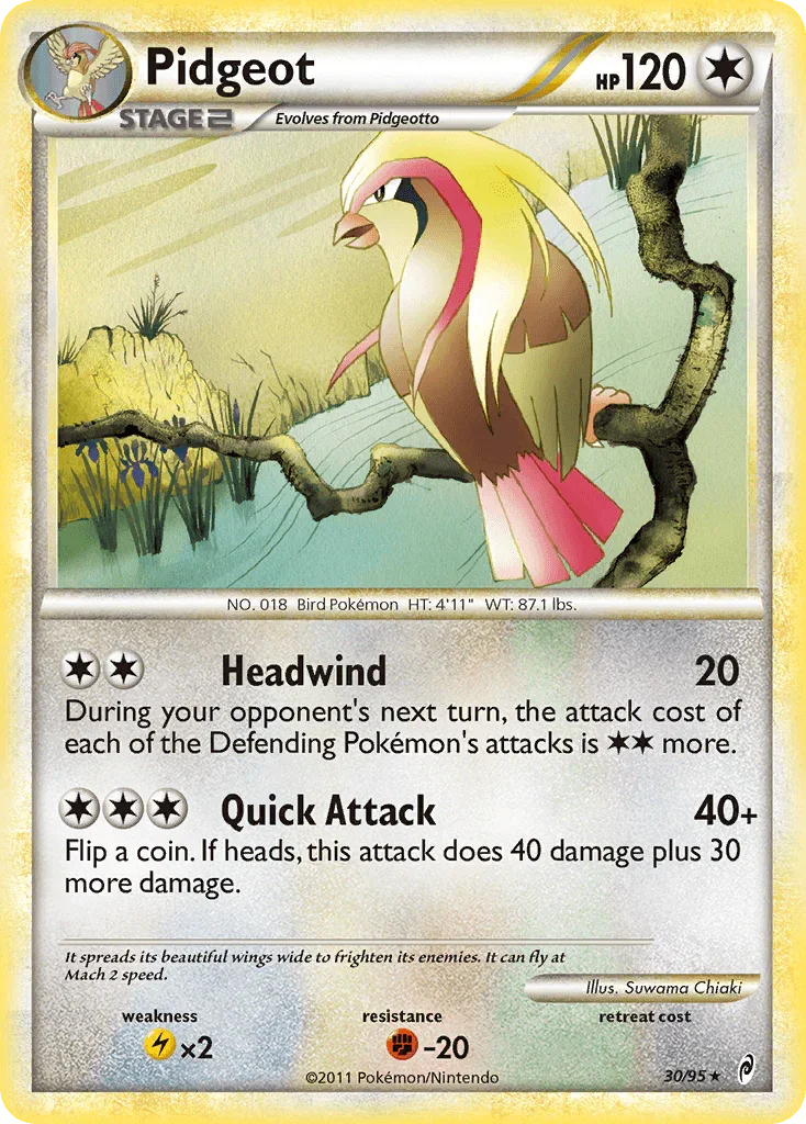 30, Colorless, Fighting[-20], HeartGold & SoulSilver: Call of Legends, Lightning[×2], Normal, Rare, Reverse Holofoil Pidgeot (30/95) [HeartGold & SoulSilver: Call of Legends] - Trading Card World
