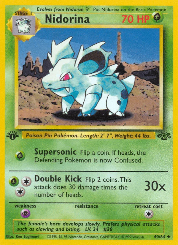 1st Edition Normal, 40, Grass, Jungle 1st Edition, Psychic[×2], Uncommon Nidorina (40/64) [Jungle 1st Edition] - Trading Card World