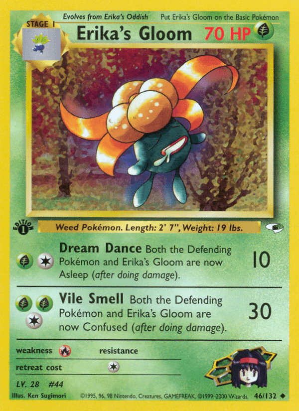 1st Edition Normal, 46, Fire[×2], Grass, Gym Heroes 1st Edition, Uncommon Erika's Gloom (46/132) [Gym Heroes 1st Edition] - Trading Card World