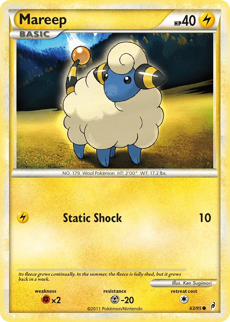 63, Common, Fighting[×2], HeartGold & SoulSilver: Call of Legends, Lightning, Metal[-20], Normal, Reverse Holofoil Mareep (63/95) [HeartGold & SoulSilver: Call of Legends] - Trading Card World