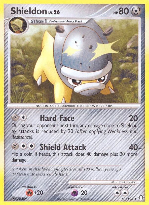 63, Diamond & Pearl: Mysterious Treasures, Fire[+20], Metal, Normal, Psychic[-20], Reverse Holofoil, Uncommon Shieldon (63/123) [Diamond & Pearl: Mysterious Treasures] - Trading Card World