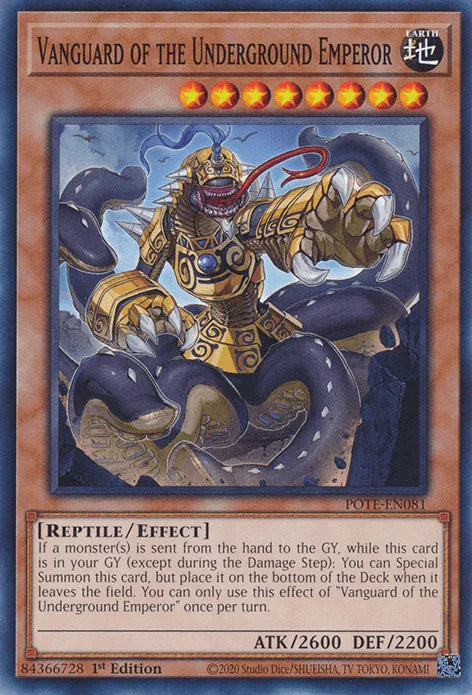1st Edition, Common, Earth, Effect Monster, Power of the Elements, Reptile, Unlimited Vanguard of the Underground Emperor [POTE-EN081] Common - Trading Card World