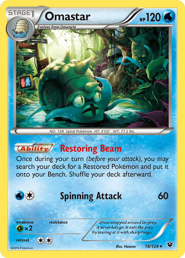 18, Grass[×2], Normal, Rare, Reverse Holofoil, Water, XY: Fates Collide Omastar (18/124) [XY: Fates Collide] - Trading Card World