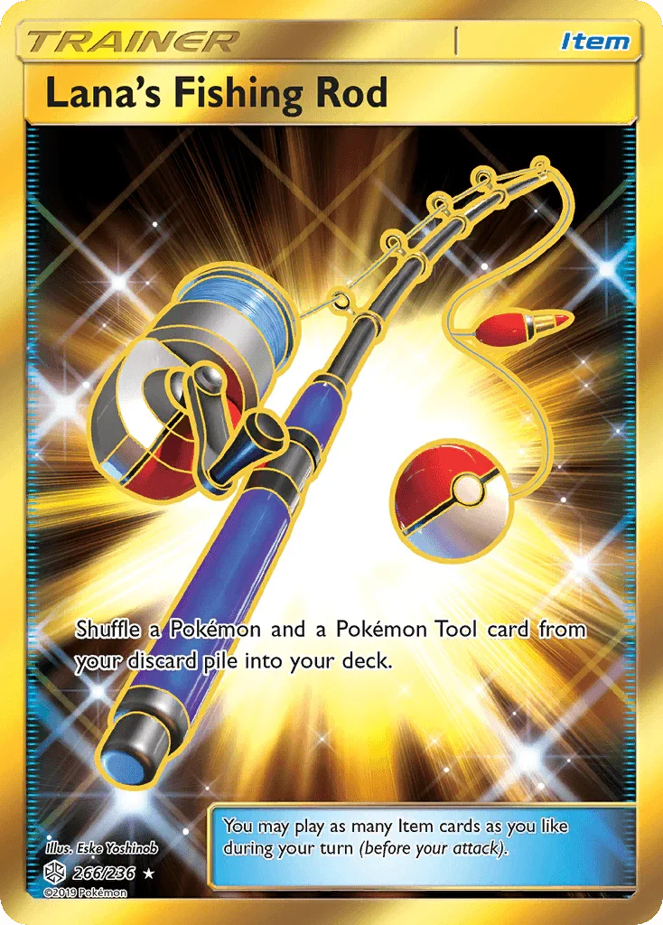 266, Holofoil, Item, Secret Rare, Sun & Moon: Cosmic Eclipse Lana's Fishing Rod (266/236) [Sun & Moon: Cosmic Eclipse] - Trading Card World