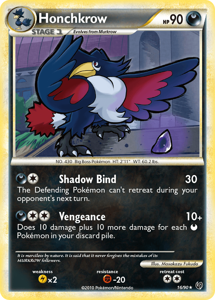 16, Darkness, Fighting[-20], HeartGold & SoulSilver: Undaunted, Lightning[×2], Normal, Rare, Reverse Holofoil Honchkrow (16/90) [HeartGold & SoulSilver: Undaunted] - Trading Card World