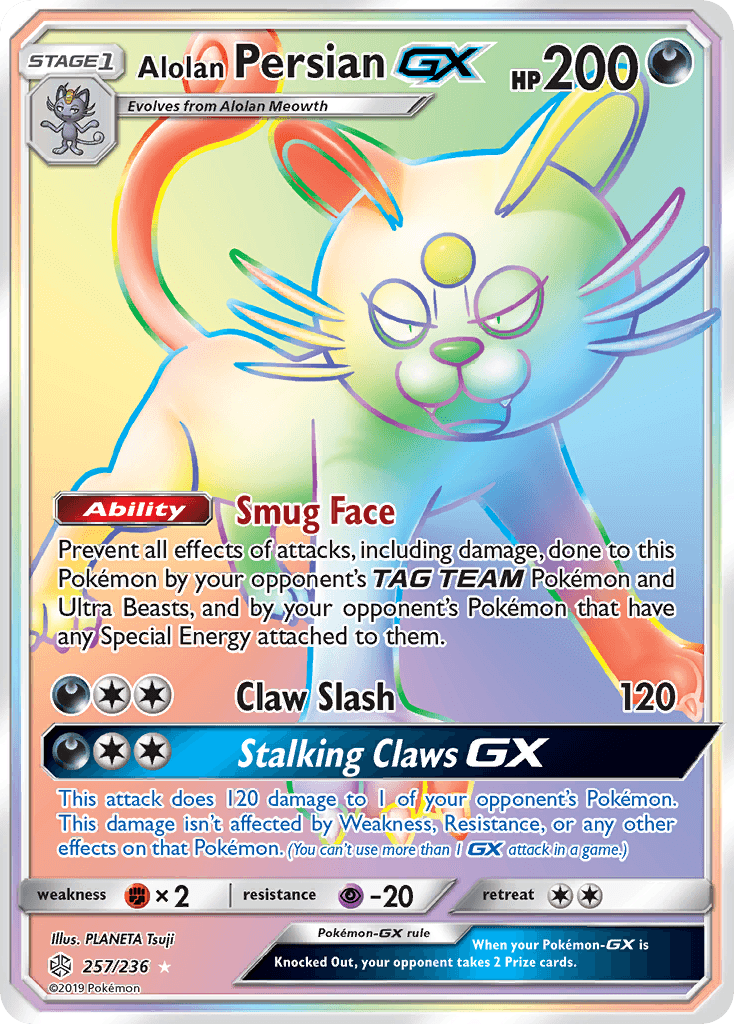 257, Darkness, Fighting[×2], Holofoil, Psychic[-20], Secret Rare, Sun & Moon: Cosmic Eclipse Alolan Persian GX (257/236) [Sun & Moon: Cosmic Eclipse] - Trading Card World