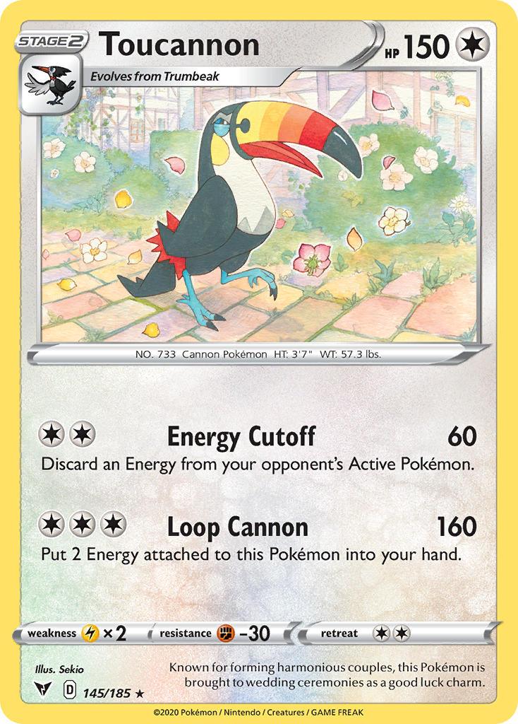 145, Colorless, Fighting[-30], Lightning[×2], Normal, Rare, Reverse Holofoil, Sword & Shield: Vivid Voltage Toucannon (145/185) [Sword & Shield: Vivid Voltage] - Trading Card World