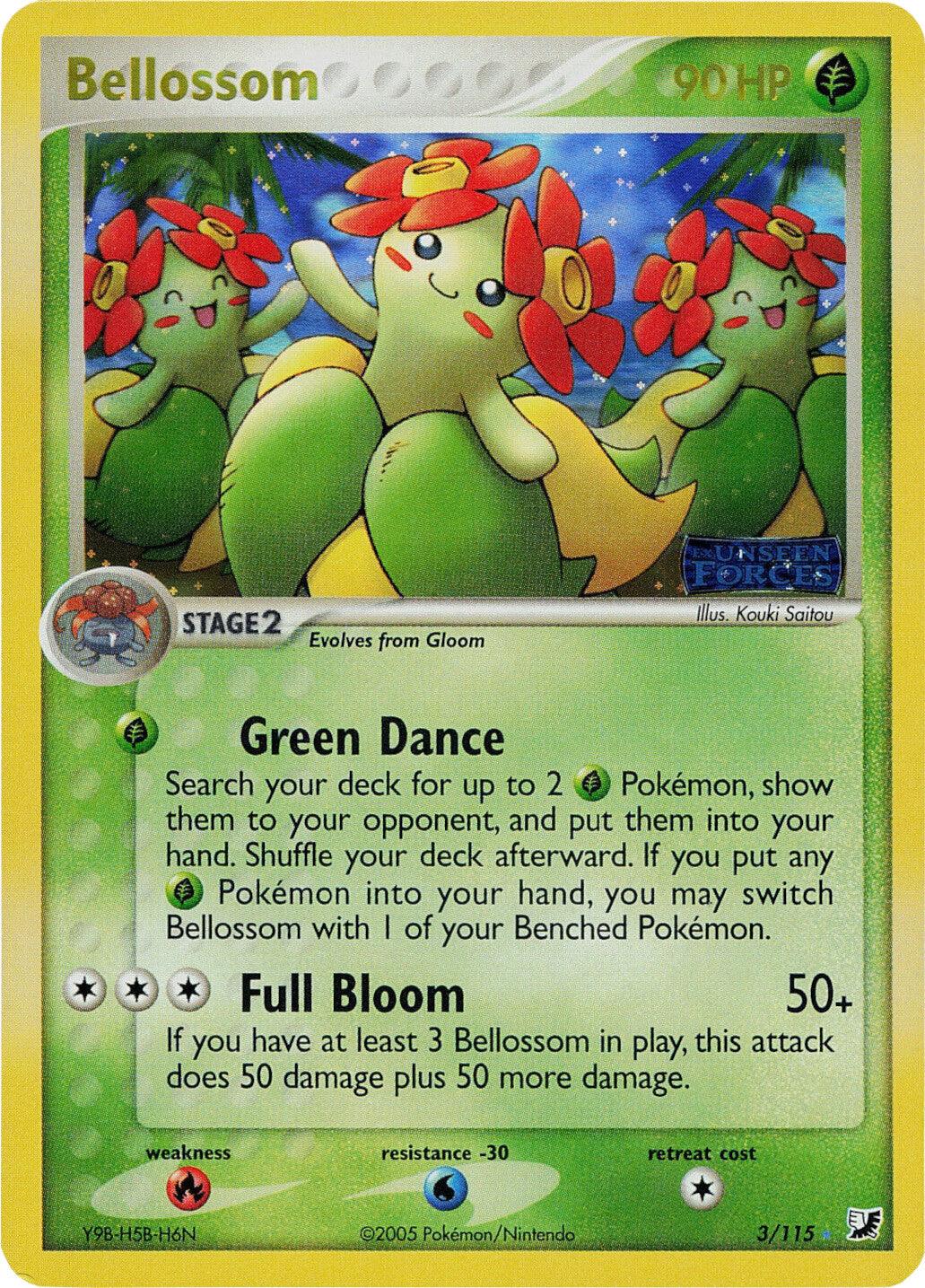 EX: Unseen Forces, Fire[×2], Grass, Holo Rare, Reverse Holofoil, Water[-30] Bellossom (3/115) (Stamped) [EX: Unseen Forces] - Trading Card World