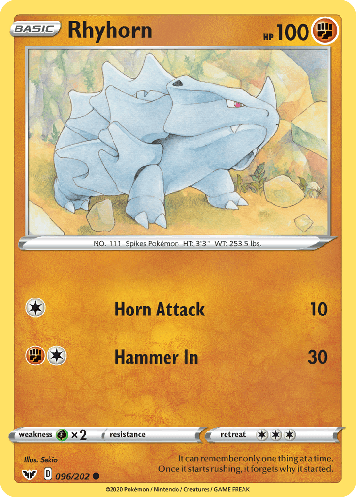 096, Common, Fighting, Grass[×2], Normal, Reverse Holofoil, Sword & Shield: Base Set Rhyhorn (096/202) [Sword & Shield: Base Set] - Trading Card World