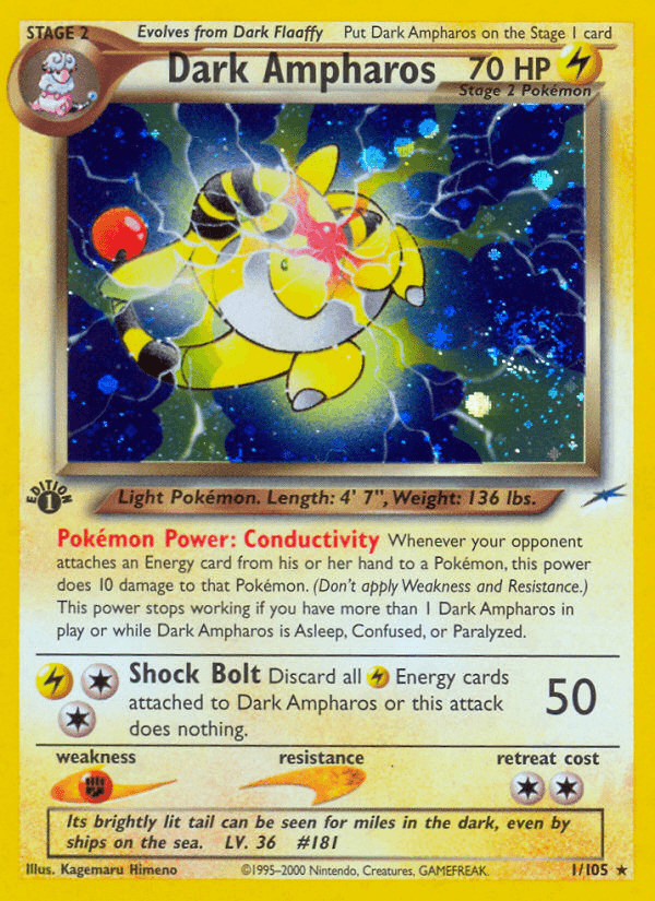 1st Edition Holofoil, Fighting[×2], Holo Rare, Lightning, Neo Destiny 1st Edition Dark Ampharos (1/105) [Neo Destiny 1st Edition] - Trading Card World
