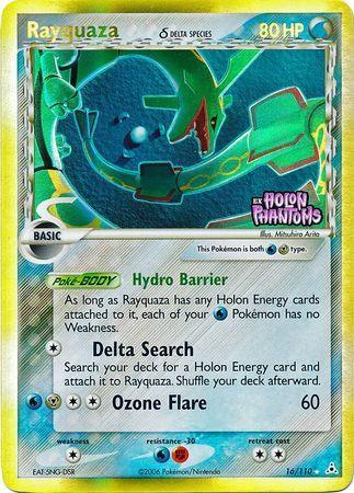 16, Colorless[×2], EX: Holon Phantoms, Fighting[-30], Holo Rare, Metal, Reverse Holofoil, Water, Water[-30] Rayquaza (16/110) (Delta Species) (Stamped) [EX: Holon Phantoms] - Trading Card World